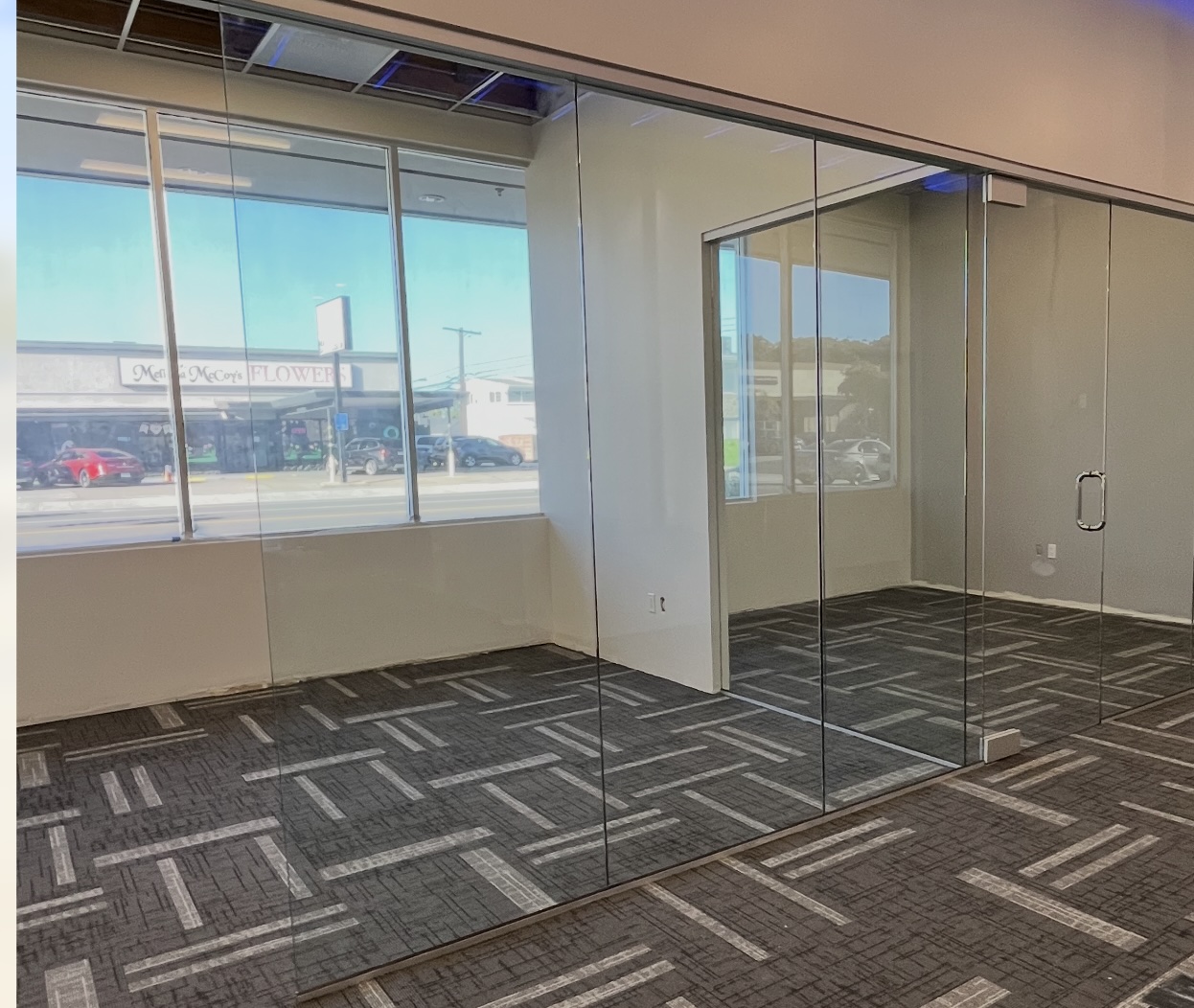 Glass office partitions in a Long Beach commercial space
